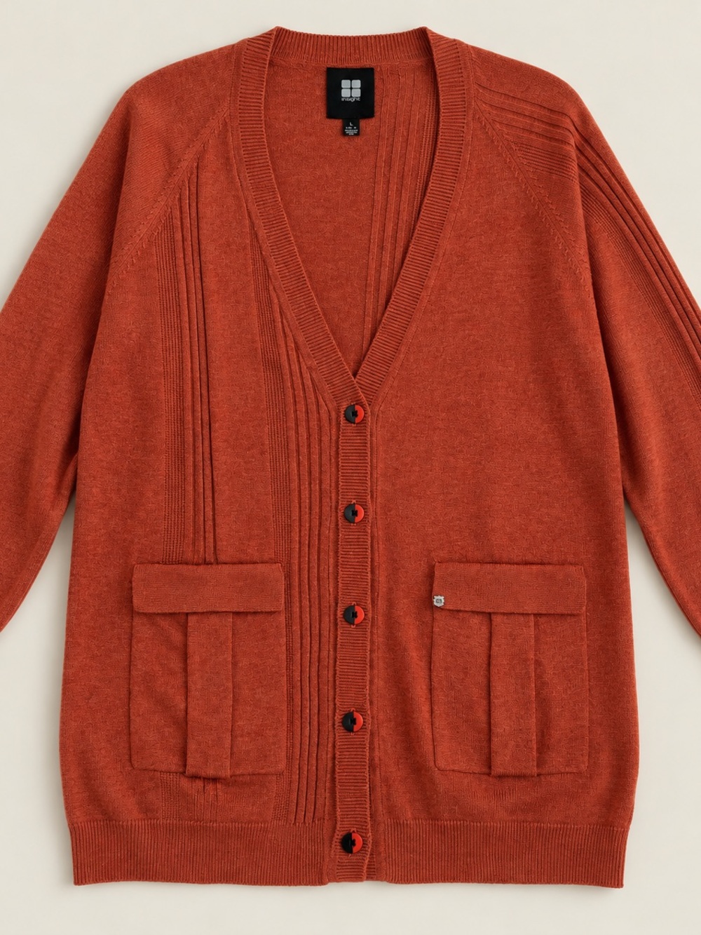 Insight Women’s Large Rust Orange Longline Cardigan Button Front Pockets